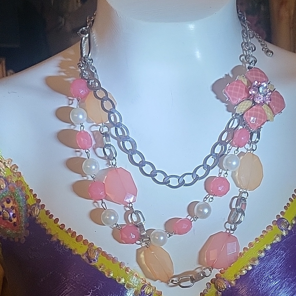 Multistrand Pink Peach Statement Necklace with Faux PearlsNWOT